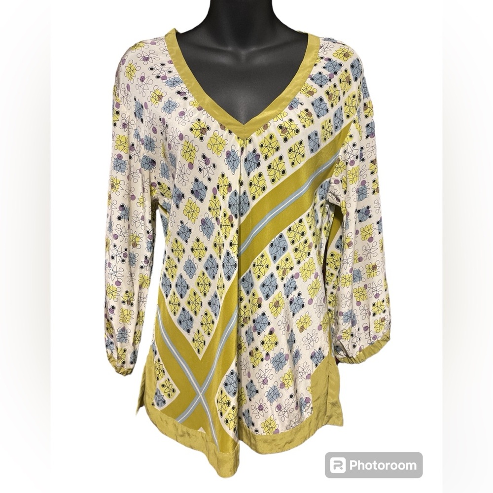 Burning Torch 100% Silk V-Neck Blouse Top  SZ S - Small Stain on Arm *see photo